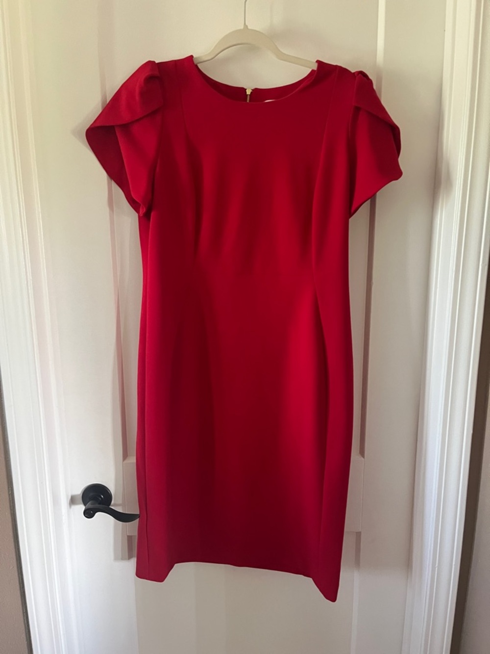 Calvin Klein Red Midi Sheath Dress with Sculpted Sleeves